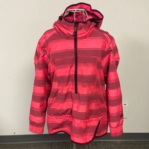 Obermeyer Girls Pink & Red Striped Winter Coat hooded & slightly longer back